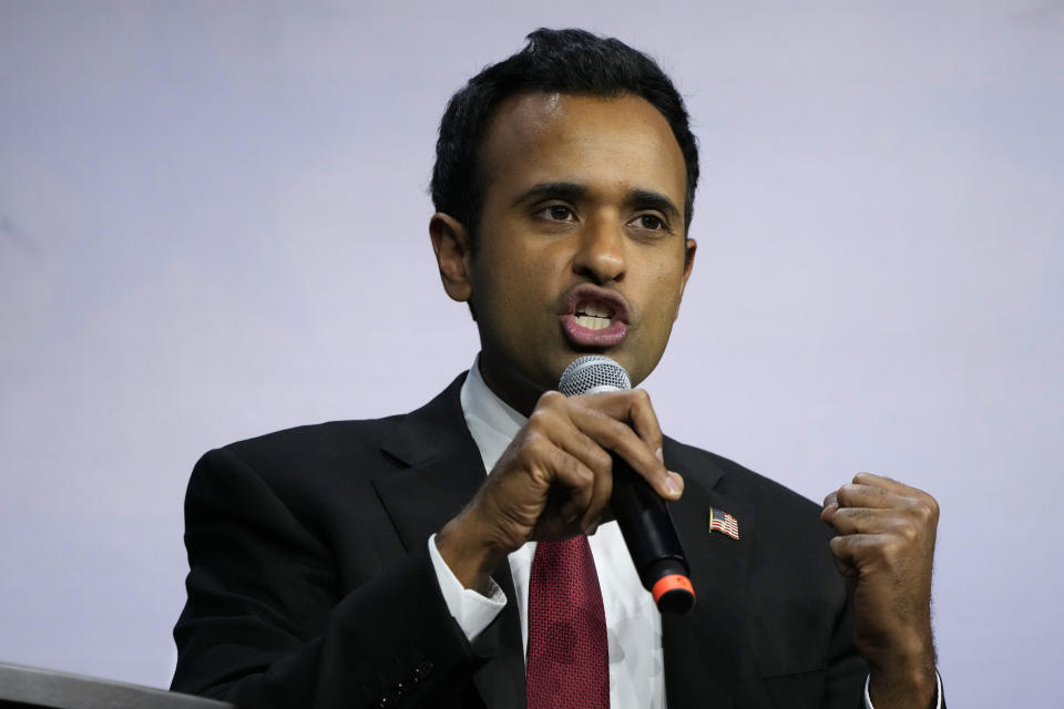Republican presidential candidate businessman Vivek Ramaswamy speaks during the Family Leadership Summit, Friday, July 14, 2023, in Des Moines, Iowa. (AP Photo/Charlie Neibergall)