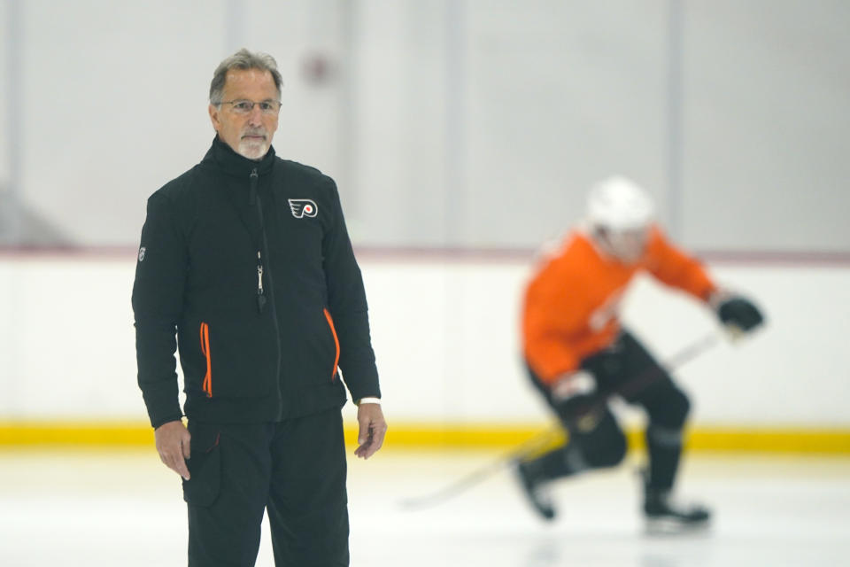 Philadelphia Flyers' coach John Tortorella looks on during training camp at the NHL hockey team's practice facility, Thursday, Sept. 22, 2022, in Voorhees, N.J. (AP Photo/Matt Rourke)