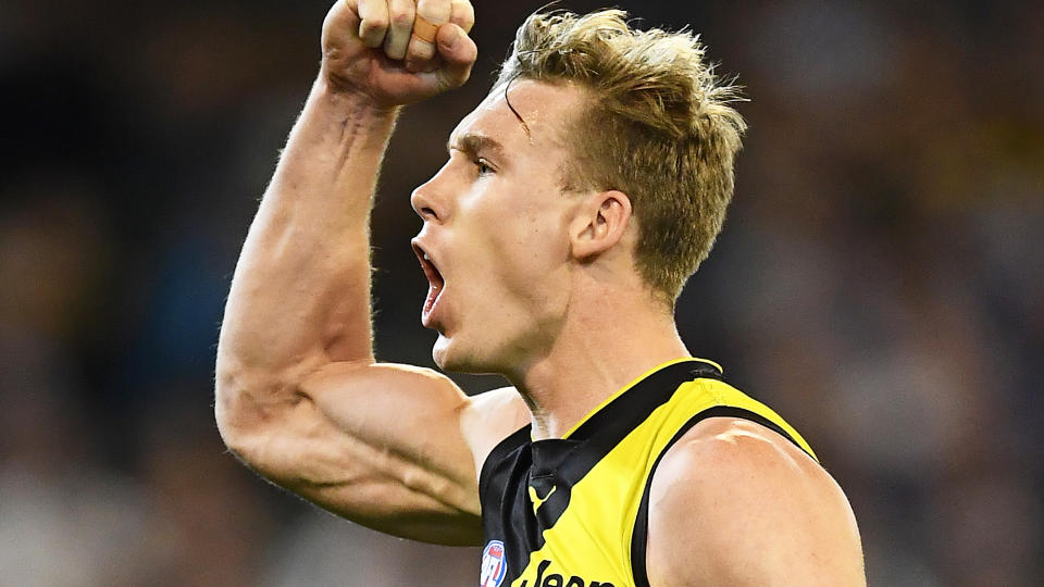 Tom Lynch of the Tigers celebrates kicking a goal during the AFL Preliminary Final match between the Richmond Tigers and the Geelong Cats at Melbourne Cricket Ground on September 20, 2019 in Melbourne, Australia. (Photo by Quinn Rooney/Getty Images)