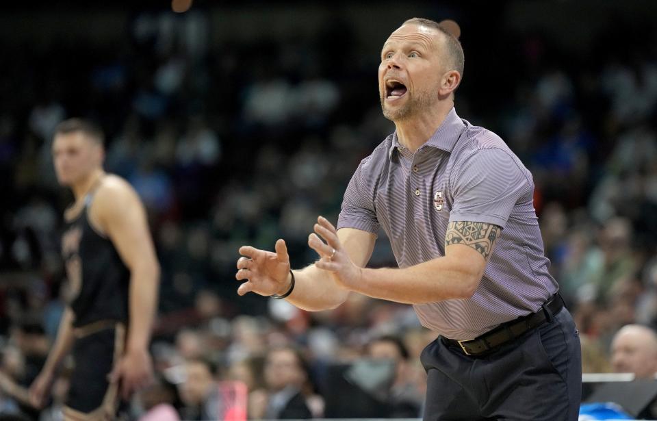 Mar 22, 2024; Spokane, WA, USA; Charleston Cougars head coach Pat Kelsey during the first half in the first round of the 2024 NCAA Tournament against the Charleston Cougars at Spokane Veterans Memorial Arena. Mandatory Credit: Kirby Lee-USA TODAY Sports