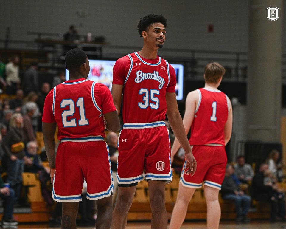 Bradley's Duke Deen (21), Darius Hannah (35) and Almar Atlason (1) compete against Valparaiso in a Missouri Valley Conference men's basketball game on Wednesday, Jan. 3, 2024, in Valparaiso, Indiana.