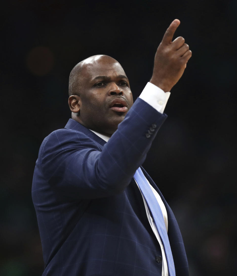 Indiana Pacers head coach Nate McMillan calls to his players during the second quarter of Game 2 of an NBA basketball first-round playoff series against the Boston Celtics, Wednesday, April 17, 2019, in Boston. (AP Photo/Charles Krupa)