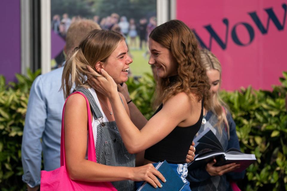 Alice Shaw, left, and Amelia Cropley celebrate with their A-level results at Norwich School (Joe Giddens/PA) (PA Wire)