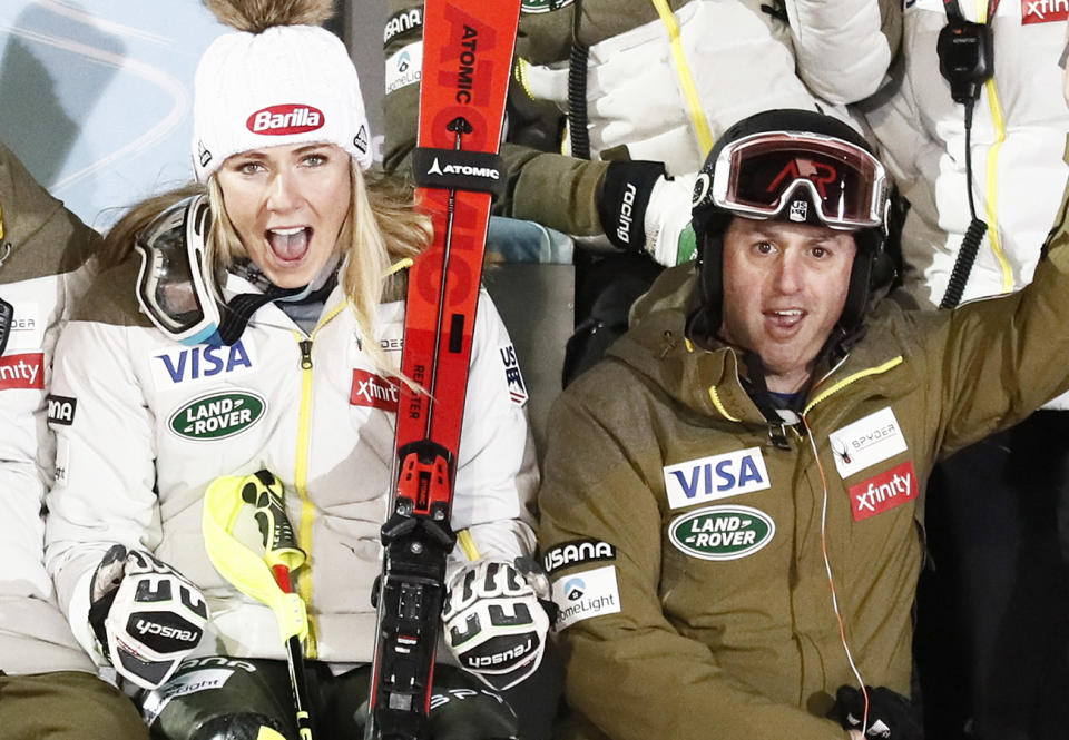 Mikaela Shiffrin, pictured here with Mike Day in Zagreb, Croatia in 2020.