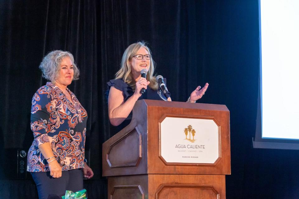 Sandra Lyon and Sheila Thornton address the crowd at OneFuture Coachella Valley's 2023 The Future is Ours awards celebration on March 29, 2023.