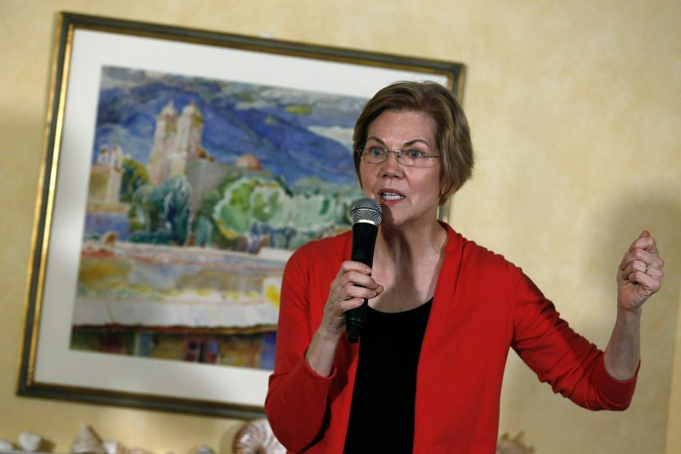 In this Jan. 12, 2019, photo, Sen. Elizabeth Warren, D-Mass., speaks during a house party in Concord, N.H. Advocates for gender equality are gearing up for at least four women to compete for the Democratic nomination to take on President Donald Trump in 2020. (AP Photo/Michael Dwyer)