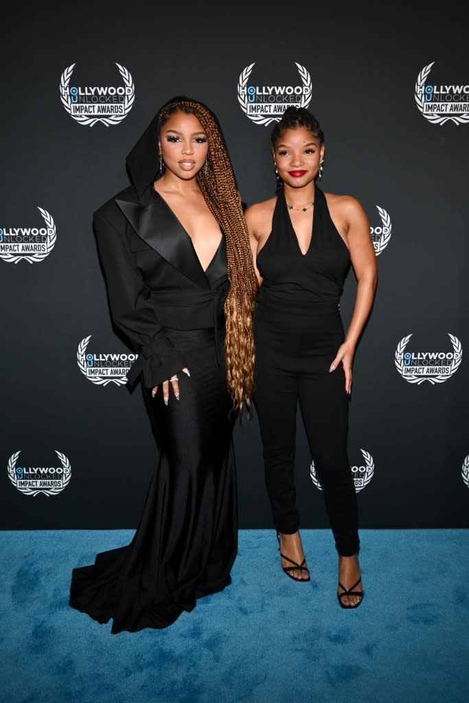 Chlöe and Halle Bailey at the Hollywood Unlocked Impact Awards held at The Beverly Hilton International Ballroom on June 27, 2023 in Beverly Hills, California.