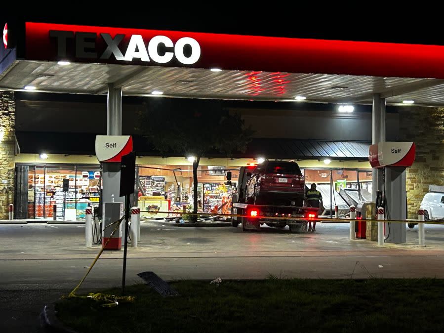 Texaco gas station which was the scene of an officer-involved shooting following a SWAT call in southeast Austin May 21 was damaged during the incident. (KXAN Photo/Dylan McKim)
