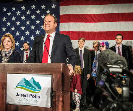 FILE PHOTO: Democratic gubernatorial candidate Jared Polis speaks at his midterm election night party in Denver, Colorado, U.S., November 6, 2018. REUTERS/Evan Semon/File Photo