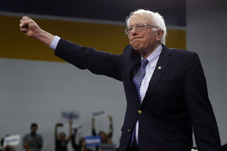 Democratic presidential candidate Sen. Bernie Sanders, I-Vt., arrives to speak to supporters at a primary night election rally in Manchester, N.H., Tuesday, Feb. 11, 2020. (AP Photo/Matt Rourke)