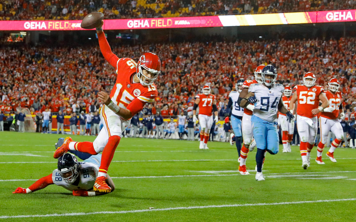 Patrick Mahomes has been fantastic through the first half of the NFL season. (Photo by David Eulitt/Getty Images)