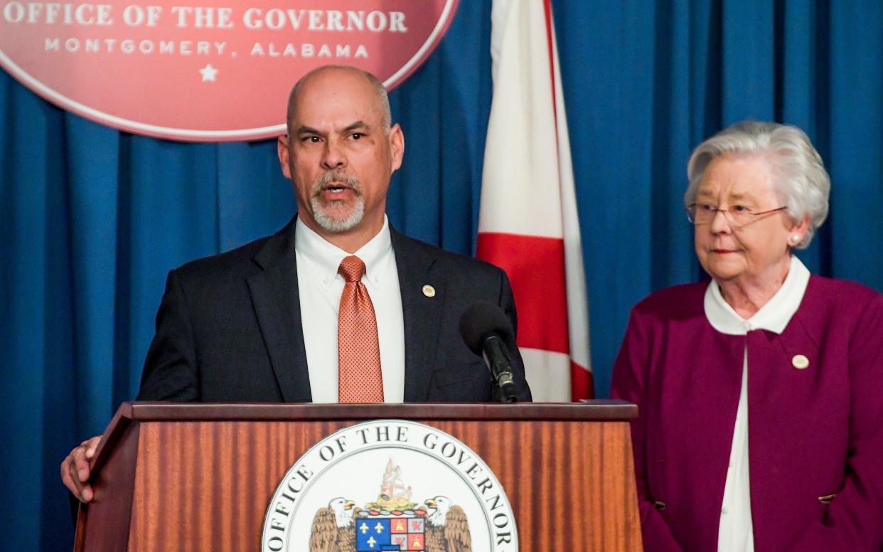 Alabama Department of Corrections Commissioner John Hamm and Alabama Governor Kay Ivey discuss Correctional Incentive Time during a press briefing at the state capitol building in Montgomery, Ala., on Monday January 9, 2023.