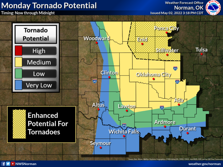 Tornado potential was highest for central Oklahoma between 4 p.m. and midnight Monday, with northern cities like Stillwater, Enid and Ponca City forecasted as areas with "enhanced potential."