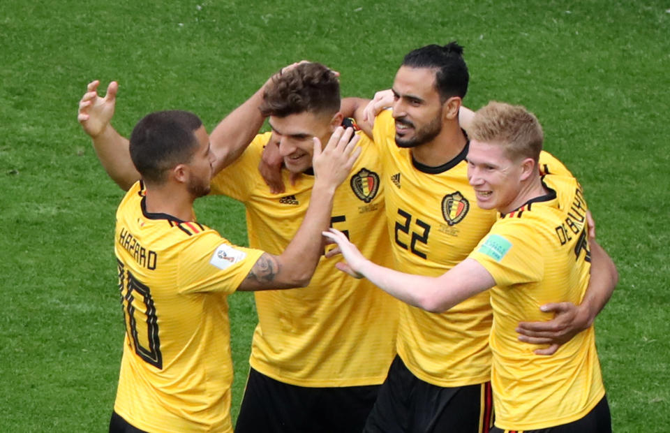 <p>Belgium’s Thomas Meunier celebrates scoring their first goal with team mates (REUTERS/Anton Vaganov) </p>