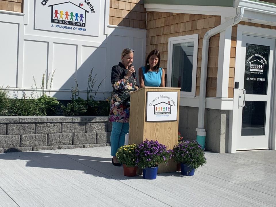 Lara Stone, left, and Cathy Rutkowski, both co-executive directors of the Children’s Advocacy Center of Bristol County, lead a ribbon-cutting ceremony to celebrate their newly renovated building on Sept. 16, 2022.