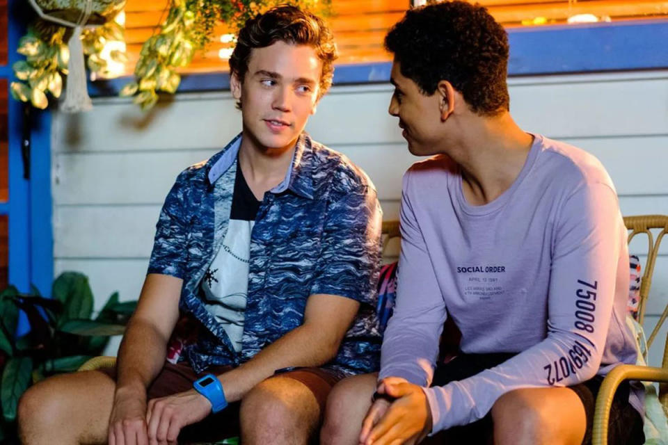 Ryder Jackson and Ty sit on the set of Home and Away