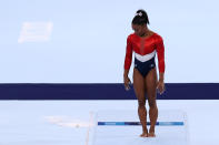 <p>TOKYO, JAPAN - JULY 27: Simone Biles of Team United States competes on vault during the Women's Team Final on day four of the Tokyo 2020 Olympic Games at Ariake Gymnastics Centre on July 27, 2021 in Tokyo, Japan. (Photo by Jamie Squire/Getty Images)</p> 