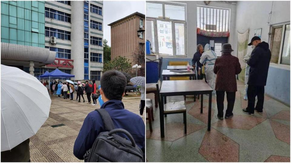 內蒙古民眾（右）得在寒風中前往去篩檢，湖南有學生（左）排隊做篩檢。（翻攝自微博@長風萬里時、中國移動）