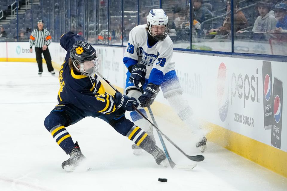 Mar 11, 2023; Columbus, Ohio, USA;  Olentangy Liberty forward Eric Bauermeister (38) battles for a puck with Cleveland St. Ignatius forward Cal Basile (15) during the third period of the OHSAA state hockey semifinal at Nationwide Arena. Mandatory Credit: Adam Cairns-The Columbus Dispatch