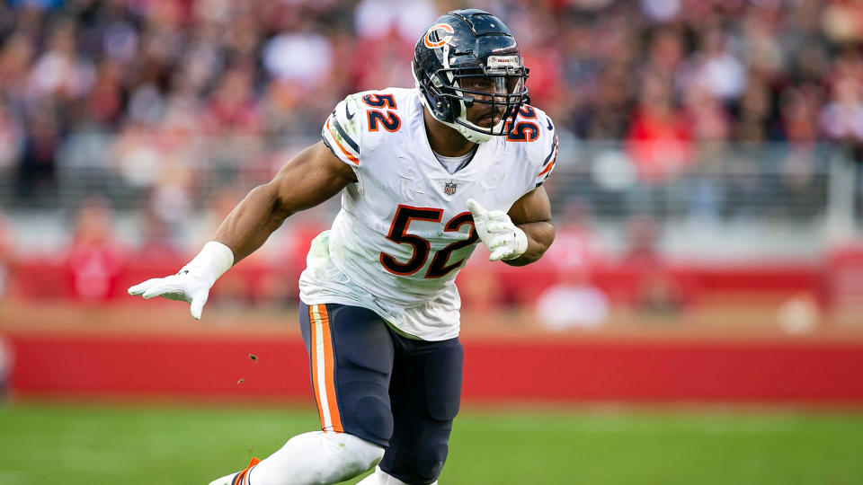   <ul> <li><strong>Team: </strong>Chicago Bears</li> <li><strong>Position: </strong>Outside linebacker</li> <li><strong>2021 Base Salary: </strong>$2,046,000</li> <li><strong>2021 Signing Bonus Pay: </strong>$6,800,000</li> <li><strong>2021 Roster Bonus: </strong>N/A</li> <li><strong>2021 Miscellaneous Pay: </strong>$5,800,000</li> </ul> <p> <strong>2021 Cap Hit: </strong>$14,646,000</p> <p><small>Image Credits: Damon Tarver/CSM</small></p>