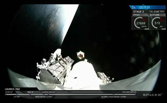 The PAZ satellite successfully separating from the Falcon 9 rocket.