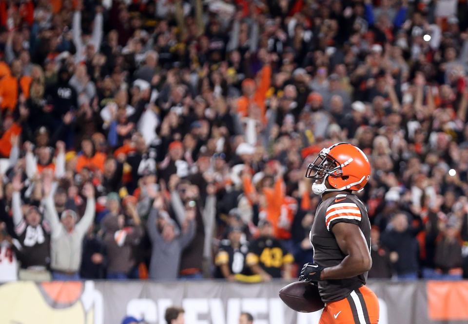 Browns wide receiver Amari Cooper trots into the end zone to score as the Dawg Pound goes wild during the first half against the Steelers, Thursday, Sept. 22, 2022, in Cleveland.