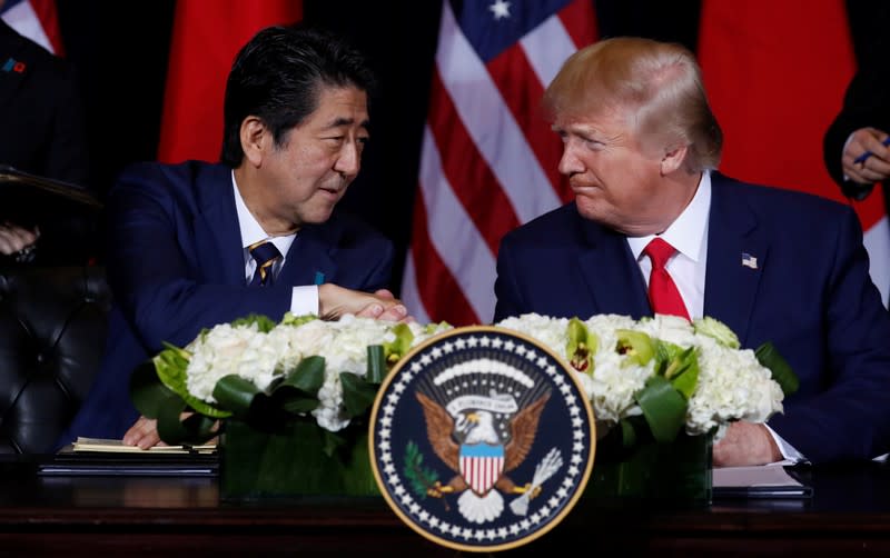 FILE PHOTO: U.S. President Trump meets with Japan's Prime Minister Abe in New York City, New York