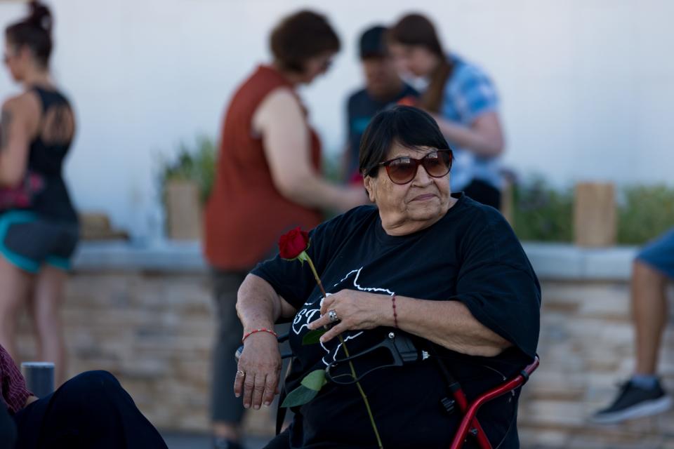 El Pasoans gather on Thursday, August 3, 2023, the fourth anniversary of the 2019 Walmart Mass shooting, at the El Paso Community Healing Garden National Memorial at Ascarate Park, honoring the 23 victims of the Walmart shooting.