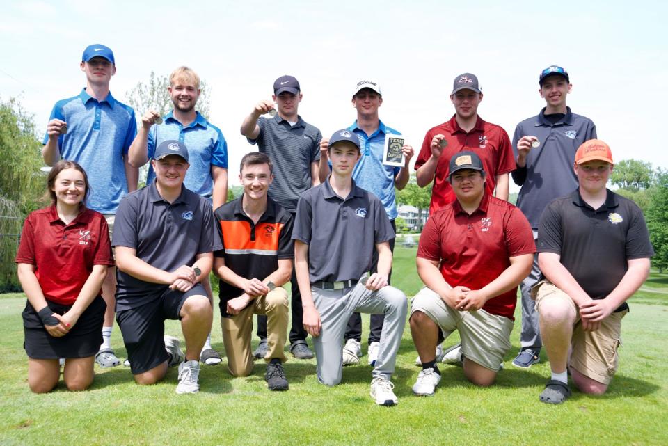 The All-SW10 golf team is front, from left, Jezz Ryall (White Pigeon), Luke MacLeay (Comstock), Jack Lamoreaux (Marcellus), Dominic Putti (Comstock), Owen Keo (White Pigeon) and Landon Bingaman (Centreville). Back row Kenny May (Cass), Logan Pflug (Cass), RJ Drews (Cass), Brayden Westrate (MVP - Cass), Luke Gropp (White Pigeon) and Matt Searls (Comstock).