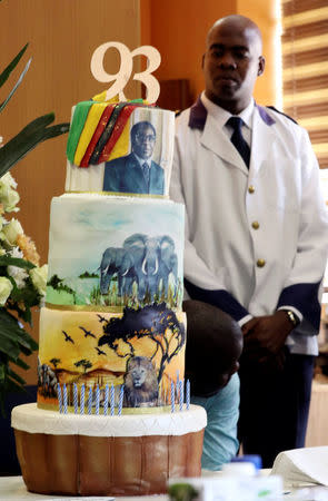 An aide stands behind a birthday cake for Zimbabwe's President Robert Mugabe during Mugabe's 93rd birthday celebrations in Harare, Zimbabwe, February 21, 2017. REUTERS/Philimon Bulawayo