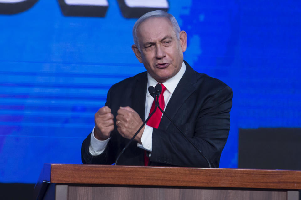 Israeli Prime Minster Benjamin Netanyahu speaks at his Likud party after-vote event on March 24, 2021 in Jerusalem, Israel. / Credit: AMIR LEVY/Getty