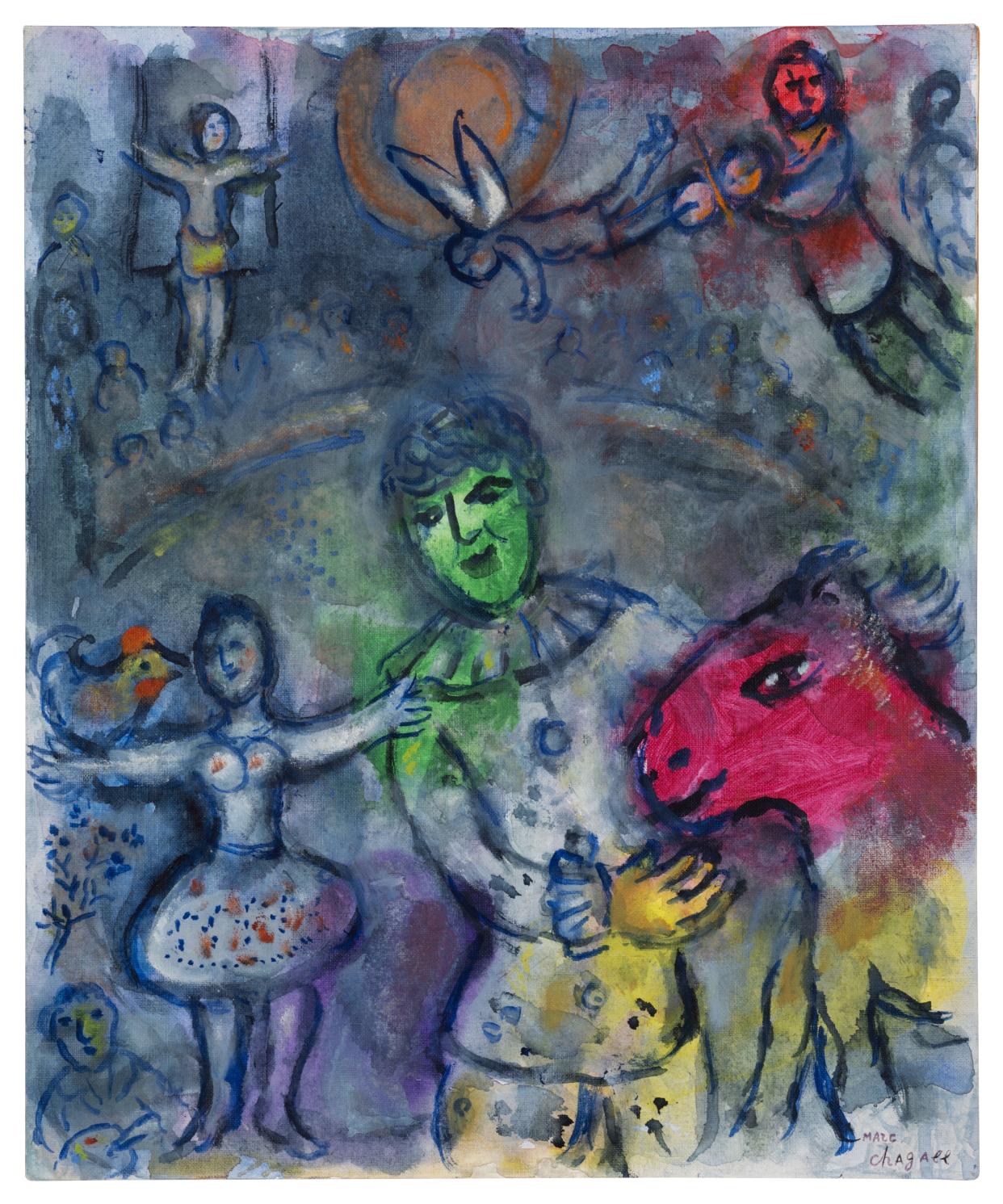 "Le Clown au visage vert," a painting by Russian-French artist Marc Chagall, is featured as part of an exhibition at Sotheby's Palm Beach.