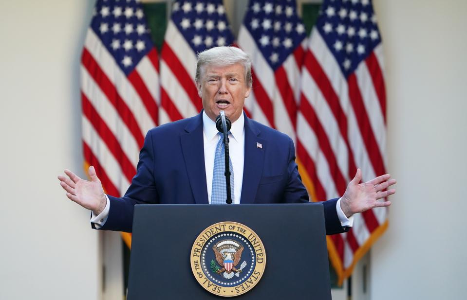 US President Donald Trump gestures as he speaks during the daily briefing on the novel coronavirus, which causes COVID-19, in the Rose Garden of the White House on April 15, 2020, in Washington, DC. (Photo by MANDEL NGAN / AFP) (Photo by MANDEL NGAN/AFP via Getty Images)