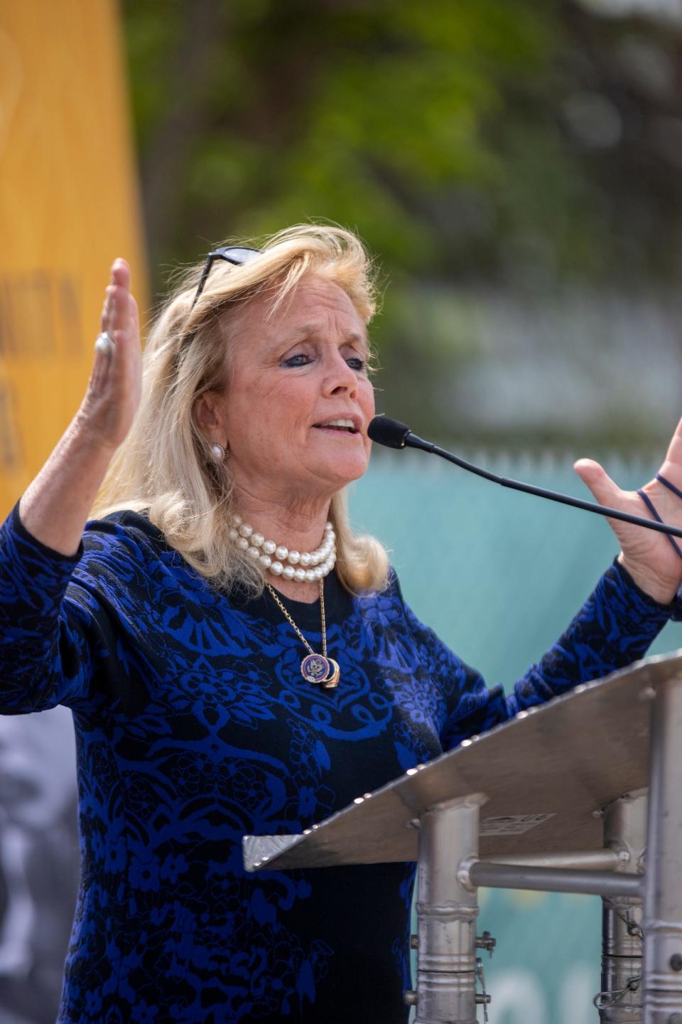 Debbie Dingell, U.S. Representative for Michigans 12th district, speaks at a groundbreaking for the Joe Louis Greenway on Monday, May 17, 2021, in Detroit.