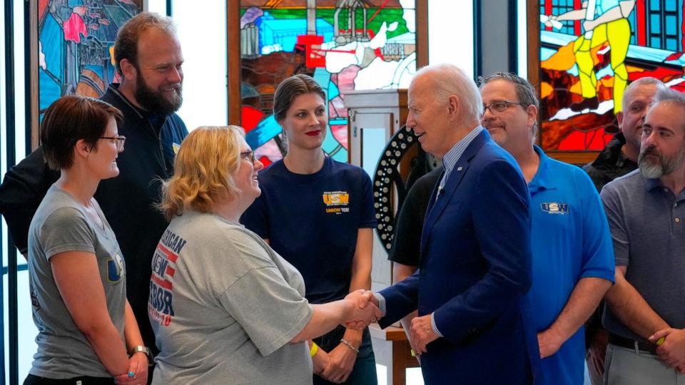 PHOTO: President Joe Biden greeting steelworkers at United Steelworkers Headquarters, April 17, 2024, in Pittsburgh. (Alex Brandon/AP)