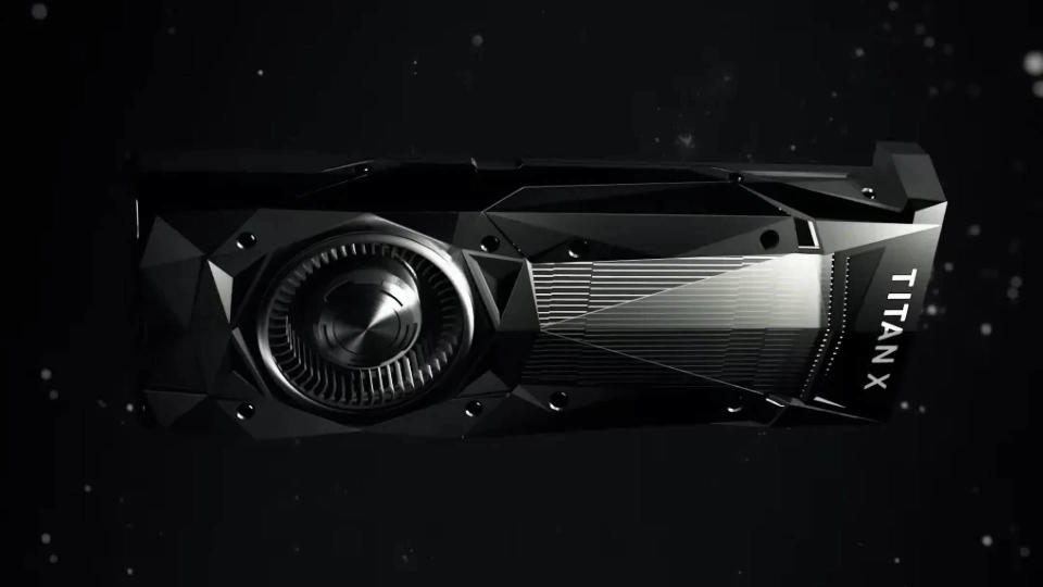 A promotional image of an Nvidia Titan X (Pascal) graphics card