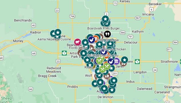 An image of Maaza, a user-created Google Map that shows more than 100 restaurants in Calgary that offer halal options.