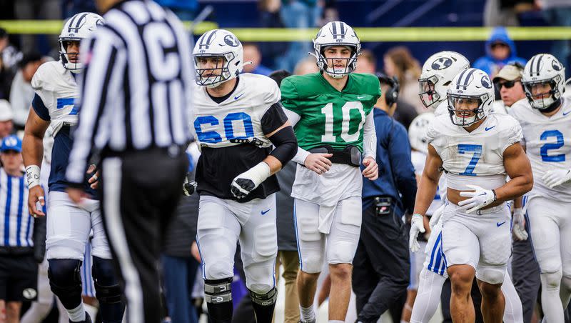 BYU quarterback Kedon Slovis and the offense take the field during spring camp in Provo. Slovis is the undisputed QB1 heading into the offseason.