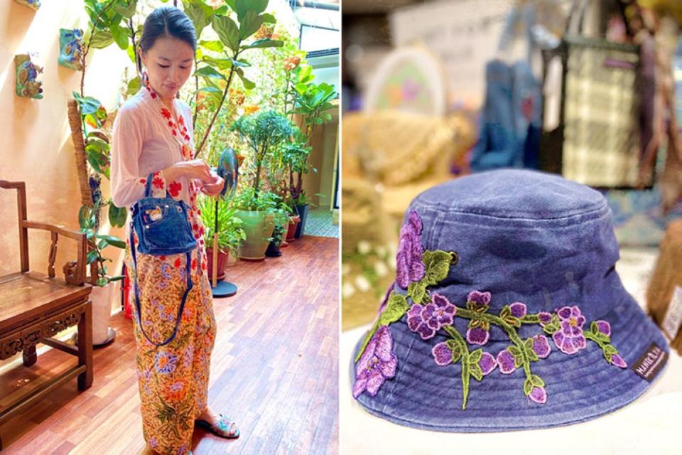 Upcycled jeans bag with embroidery influence (left). Embroidery bucket hat (right).