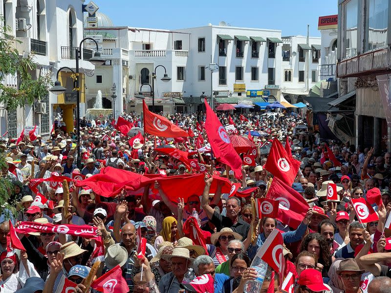 FILE PHOTO: Demonstrators protest against constitution referendum called by President Saied, in Tunis