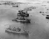 Prospective Operation Crossroads target ships and support ships at Pearl Harbor on February 27, 1946. Operation Crossroads "Baker" shot, 1946, Bikini Atoll. (Image courtesy of US Govt. Defense Threat Reduction Agency.)