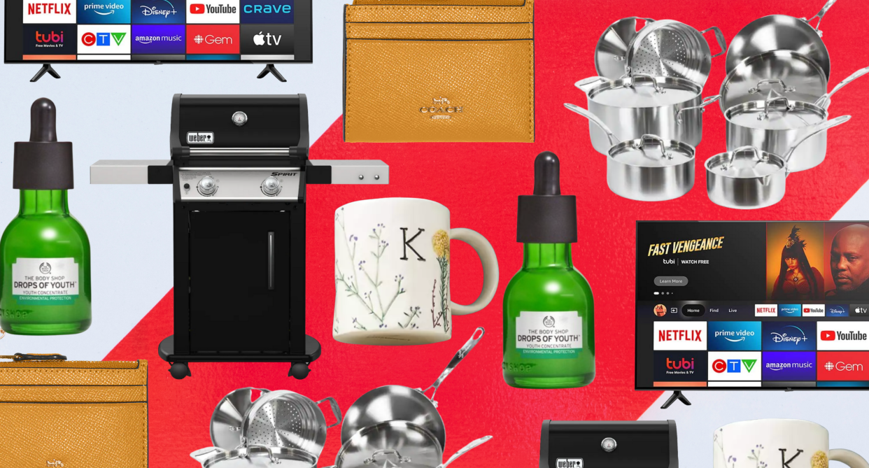 collage on red and white background of amazon TV, silver pots and pans set, body shop drops of youth serum, k mug, mustard yellow coach outlet wristlet