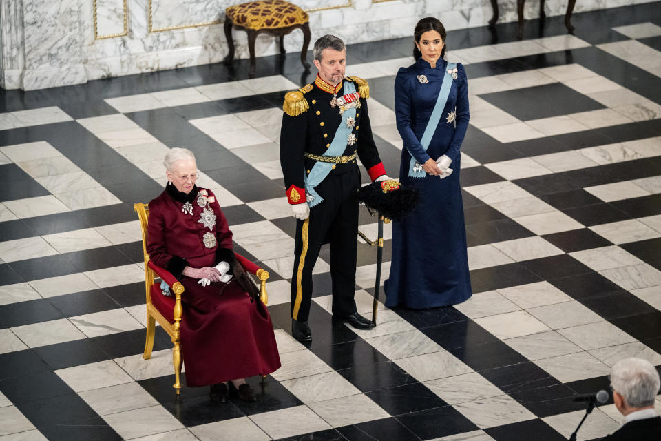 FILE - From left, Queen Margrethe, Crown Prince Frederik and Crown Princess Mary receive the diplomatic corps in occasion of the New Year at Christiansborg Palace, Copenhagen, Denmark, Wednesday, Jan. 3, 2024. Thousands of people will gather in downtown Copenhagen on Sunday, Jan. 14, 2024 to witness a historic moment in one of the world’s oldest monarchies. Around 2 p.m. Queen Margrethe II will sign her abdication and about an hour later her eldest son will be proclaimed as King Frederik X on the balcony of Christiansborg Palace in the heart of the Danish capital. (Ida Marie Odgaard/Ritzau Scanpix via AP, File)