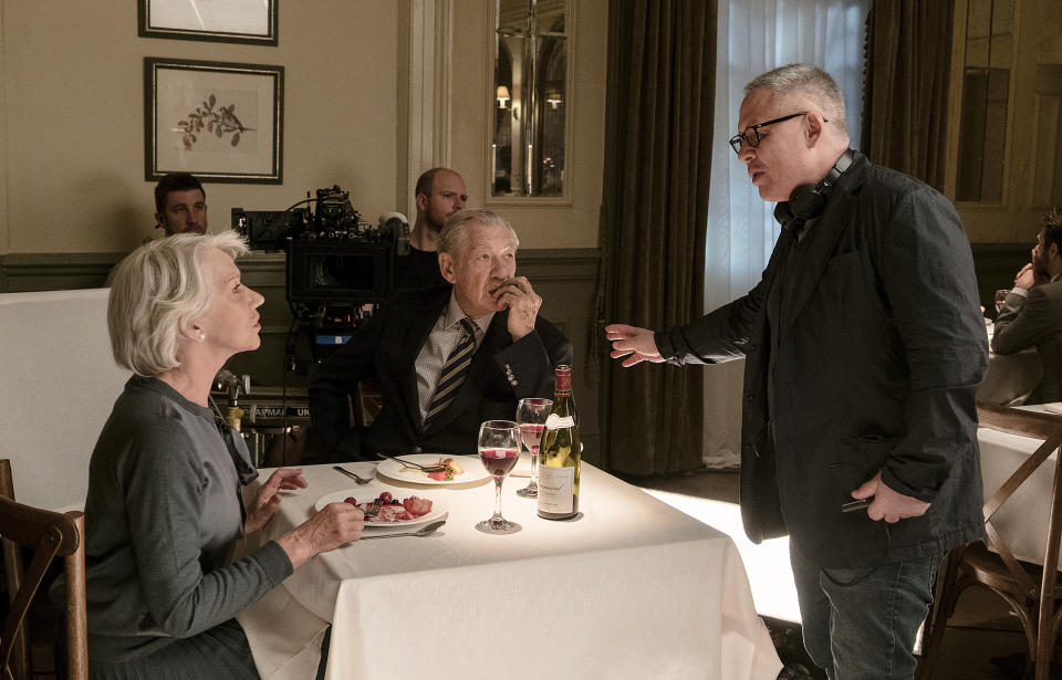 Helen Mirren, Ian McKellen and Bill Condon on the set of <i>The Good Liar</i> (Warner Bros)