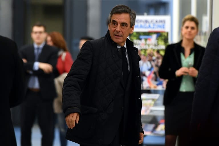 French presidential candidate for the right-wing Les Republicains (LR) party Francois Fillon arrives at headquarters for talks with party leaders