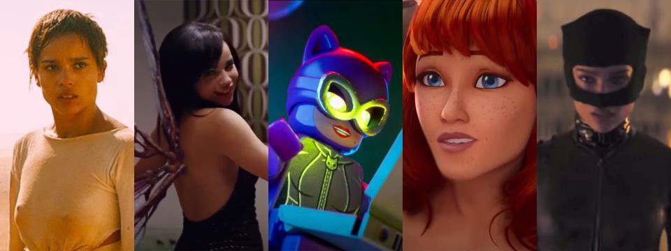 From left: Zoë Kravitz "Mad Max: Fury Road," Kravitz in "X-Men: First Class," Catwoman in the animated movie "The Lego Batman Movie," Mary Jane in the animated film "Spider-Man: Into the Spider-Verse," and Kravitz as Catwoman in "The Batman."