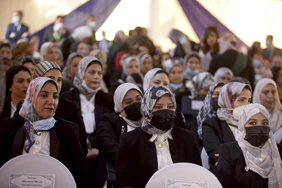 New Judges attend a swearing-in ceremony before Egypt’s State Council, in Cairo, Egypt, Tuesday, Oct. 19, 2021. Ninety eight women have become the first female judges to join the council, one of the country’s main judicial bodies. The swearing-in came months after President Abdel Fattah el-Sissi asked for women to join the State Council and the Public Prosecution, the two judicial bodies that until recently were exclusively male. (AP Photo/Tarek Wajeh)