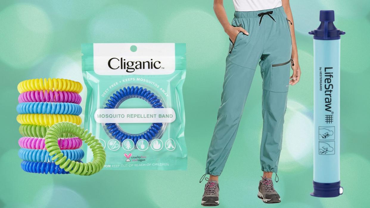 Mosquito repellent bracelet, person wear pants, LifeStraw drinking device