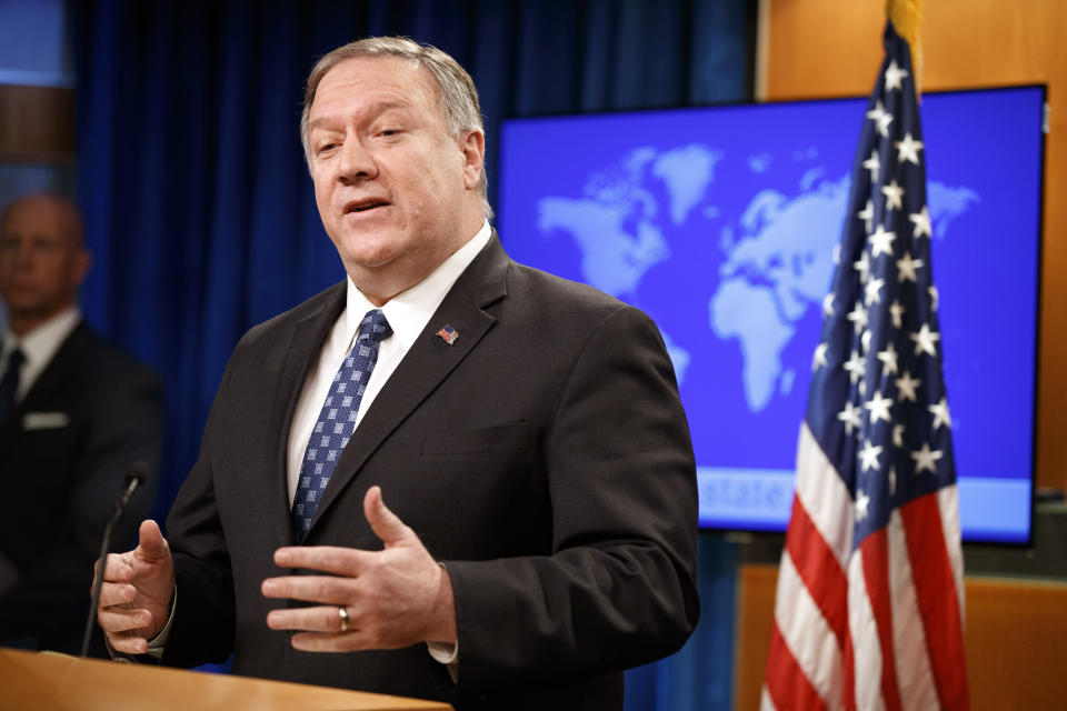 Secretary of State Mike Pompeo speaks about Iran, Tuesday Jan. 7, 2020, at the State Department in Washington. (AP Photo/Jacquelyn Martin)