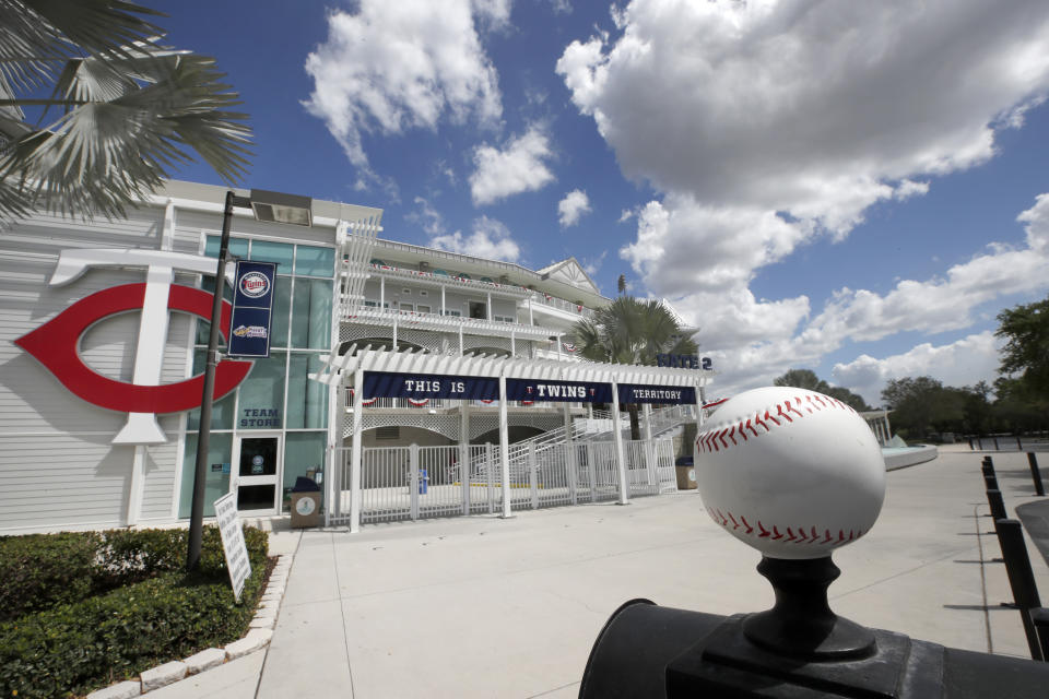 Minnesota Twins' Hammond Stadium is closed, Friday, March 13, 2020, in Fort Myers, Fla. Major League Baseball has suspended the rest of its spring training game schedule because of the coronavirus outbreak. The league is also delaying the start of its regular season by at least two weeks. (AP Photo/Elise Amendola)